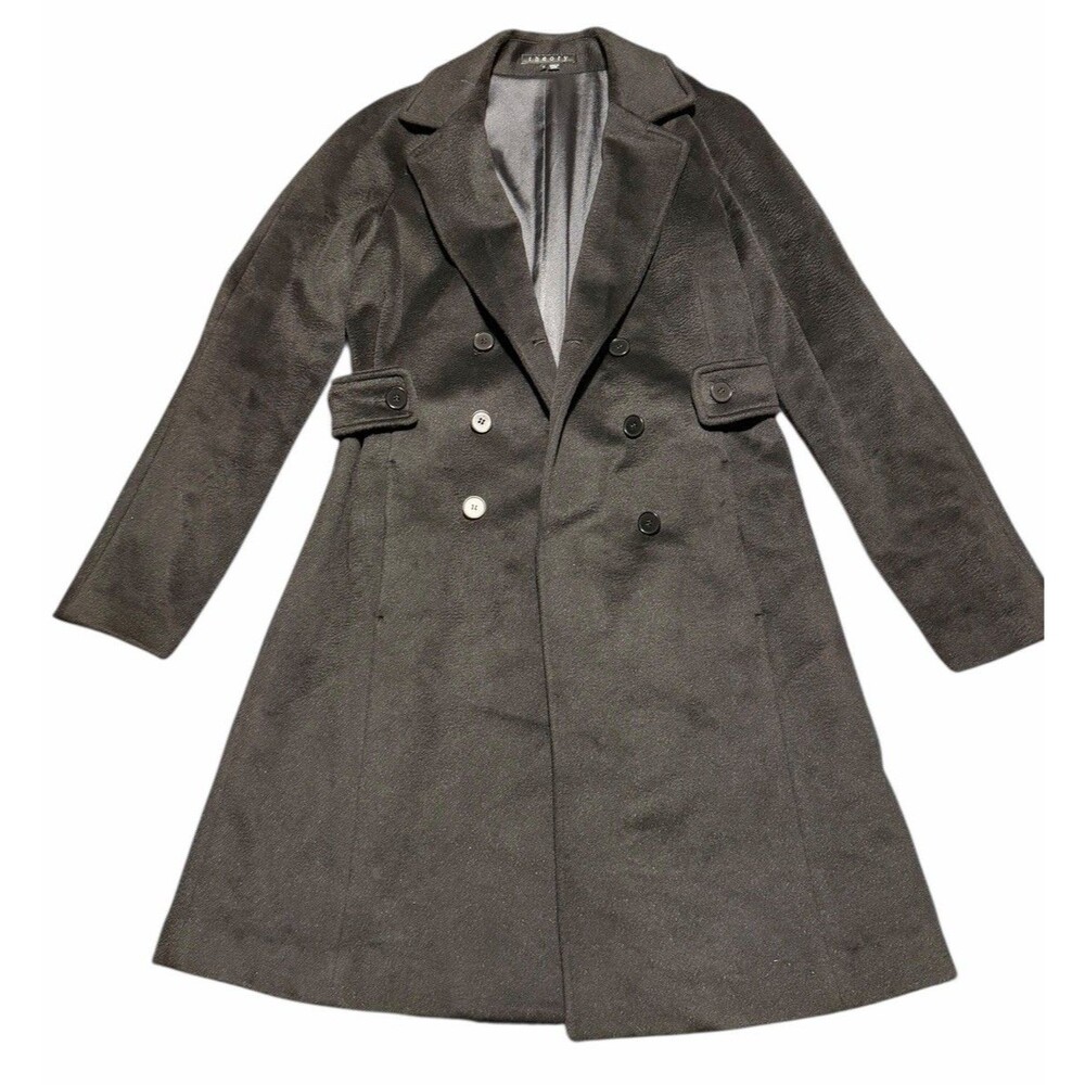 LUX Theory Black Virgin Wool, Angora & Cashgora Double Breasted Long Coat Womens